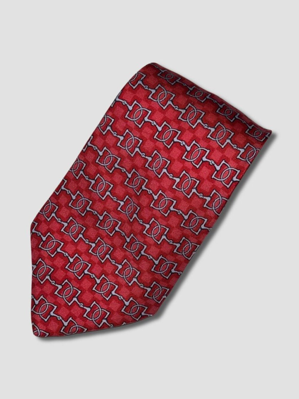 HERMES Red Blue Horsebit Pattern Silk Tie